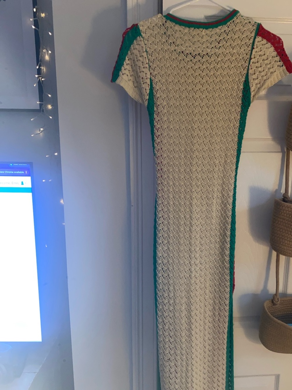 Cream Crochet Maxi Dress with Teal & Coral Accents